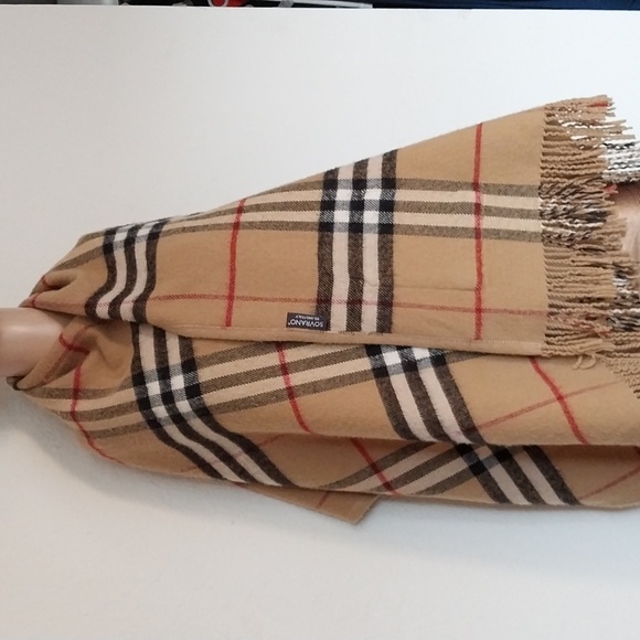 Shawl Cape Blanket Cashmere Wool Tan Blk Plaid Reversible Pockets Sorvano Italy - Picture 5 of 15